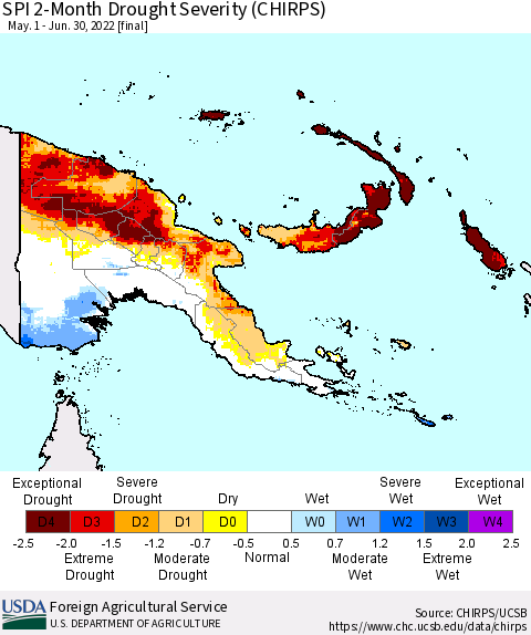 Papua New Guinea SPI 2-Month Drought Severity (CHIRPS) Thematic Map For 5/1/2022 - 6/30/2022