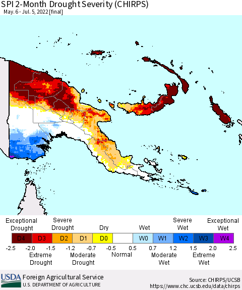 Papua New Guinea SPI 2-Month Drought Severity (CHIRPS) Thematic Map For 5/6/2022 - 7/5/2022