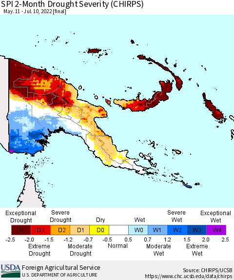 Papua New Guinea SPI 2-Month Drought Severity (CHIRPS) Thematic Map For 5/11/2022 - 7/10/2022