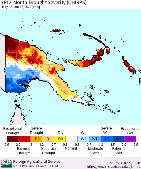 Papua New Guinea SPI 2-Month Drought Severity (CHIRPS) Thematic Map For 5/16/2022 - 7/15/2022