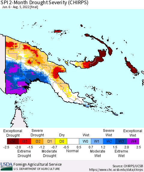 Papua New Guinea SPI 2-Month Drought Severity (CHIRPS) Thematic Map For 6/6/2022 - 8/5/2022
