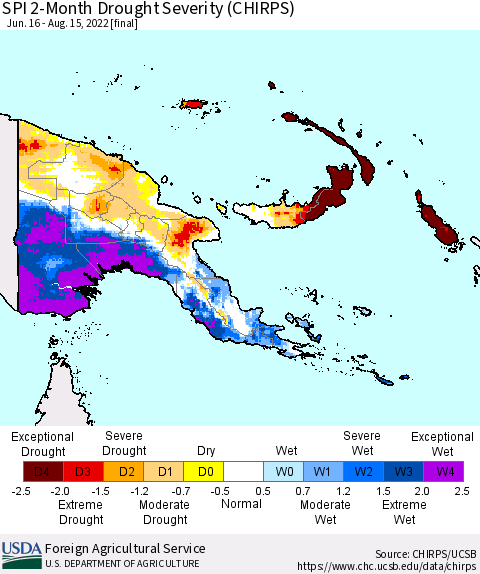 Papua New Guinea SPI 2-Month Drought Severity (CHIRPS) Thematic Map For 6/16/2022 - 8/15/2022