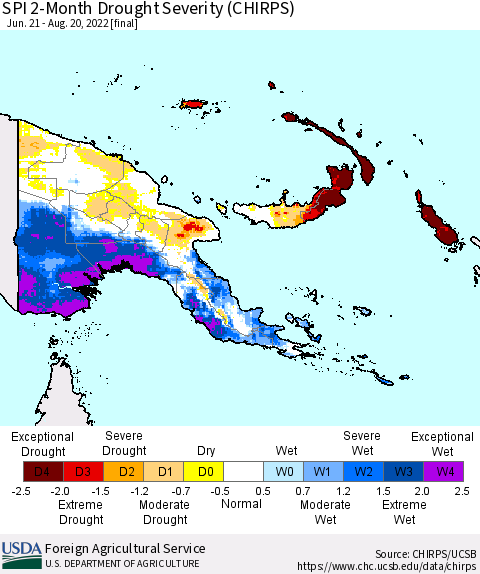 Papua New Guinea SPI 2-Month Drought Severity (CHIRPS) Thematic Map For 6/21/2022 - 8/20/2022