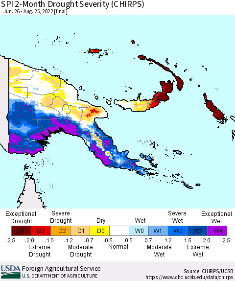 Papua New Guinea SPI 2-Month Drought Severity (CHIRPS) Thematic Map For 6/26/2022 - 8/25/2022