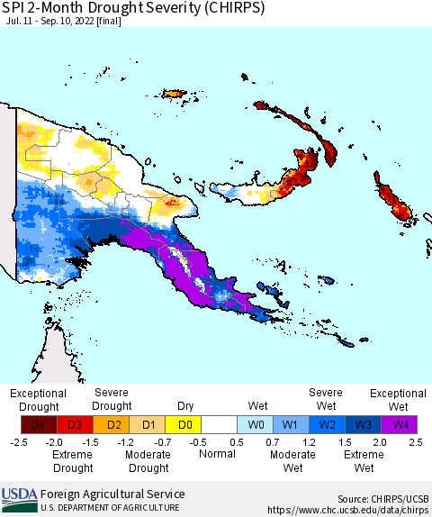 Papua New Guinea SPI 2-Month Drought Severity (CHIRPS) Thematic Map For 7/11/2022 - 9/10/2022