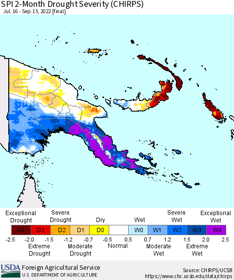 Papua New Guinea SPI 2-Month Drought Severity (CHIRPS) Thematic Map For 7/16/2022 - 9/15/2022