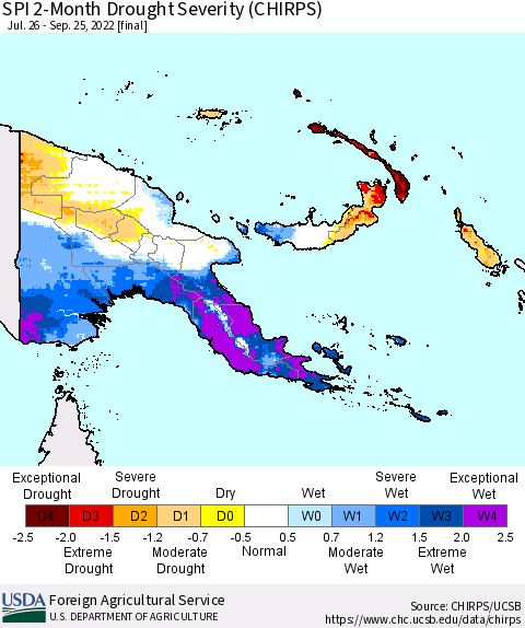 Papua New Guinea SPI 2-Month Drought Severity (CHIRPS) Thematic Map For 7/26/2022 - 9/25/2022