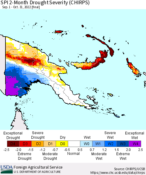 Papua New Guinea SPI 2-Month Drought Severity (CHIRPS) Thematic Map For 9/1/2022 - 10/31/2022