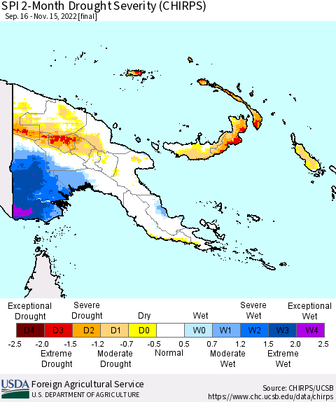 Papua New Guinea SPI 2-Month Drought Severity (CHIRPS) Thematic Map For 9/16/2022 - 11/15/2022