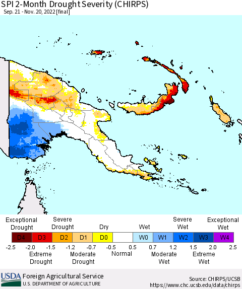 Papua New Guinea SPI 2-Month Drought Severity (CHIRPS) Thematic Map For 9/21/2022 - 11/20/2022