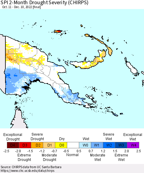 Papua New Guinea SPI 2-Month Drought Severity (CHIRPS) Thematic Map For 10/11/2022 - 12/10/2022