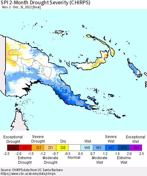 Papua New Guinea SPI 2-Month Drought Severity (CHIRPS) Thematic Map For 11/1/2022 - 12/31/2022