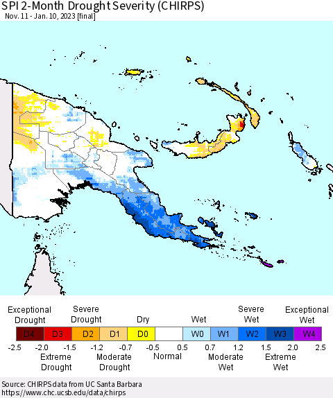 Papua New Guinea SPI 2-Month Drought Severity (CHIRPS) Thematic Map For 11/11/2022 - 1/10/2023