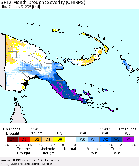 Papua New Guinea SPI 2-Month Drought Severity (CHIRPS) Thematic Map For 11/21/2022 - 1/20/2023