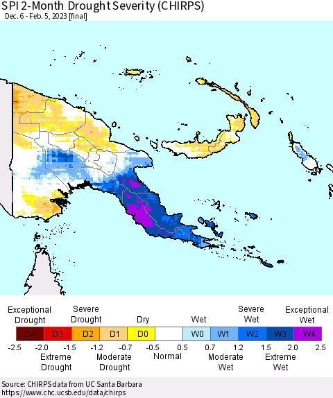 Papua New Guinea SPI 2-Month Drought Severity (CHIRPS) Thematic Map For 12/6/2022 - 2/5/2023
