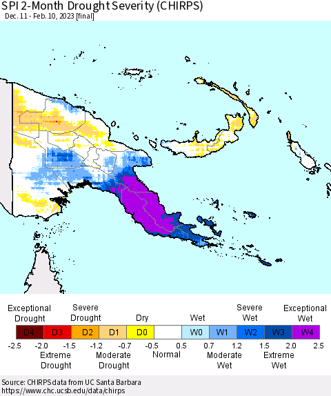 Papua New Guinea SPI 2-Month Drought Severity (CHIRPS) Thematic Map For 12/11/2022 - 2/10/2023
