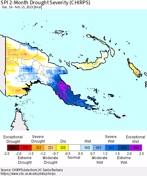Papua New Guinea SPI 2-Month Drought Severity (CHIRPS) Thematic Map For 12/16/2022 - 2/15/2023