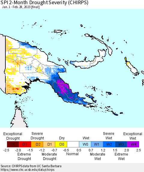Papua New Guinea SPI 2-Month Drought Severity (CHIRPS) Thematic Map For 1/1/2023 - 2/28/2023