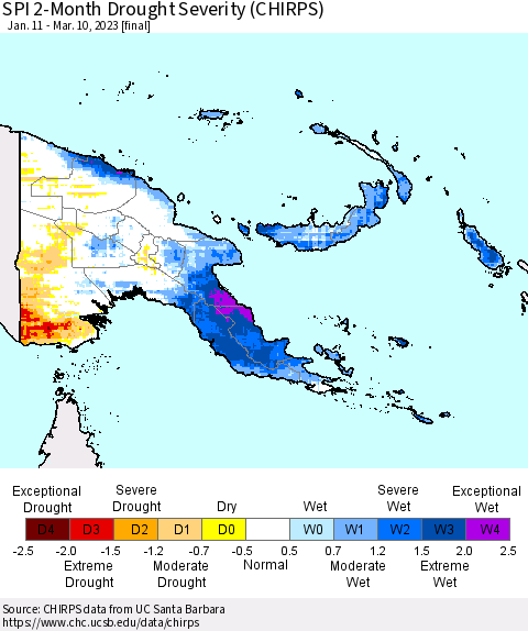 Papua New Guinea SPI 2-Month Drought Severity (CHIRPS) Thematic Map For 1/11/2023 - 3/10/2023