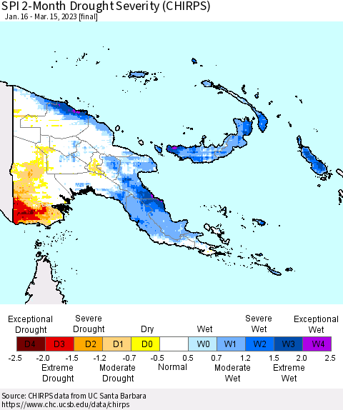 Papua New Guinea SPI 2-Month Drought Severity (CHIRPS) Thematic Map For 1/16/2023 - 3/15/2023