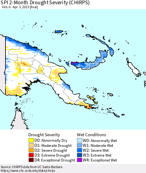 Papua New Guinea SPI 2-Month Drought Severity (CHIRPS) Thematic Map For 2/6/2023 - 4/5/2023