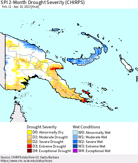 Papua New Guinea SPI 2-Month Drought Severity (CHIRPS) Thematic Map For 2/11/2023 - 4/10/2023