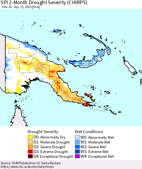 Papua New Guinea SPI 2-Month Drought Severity (CHIRPS) Thematic Map For 2/16/2023 - 4/15/2023