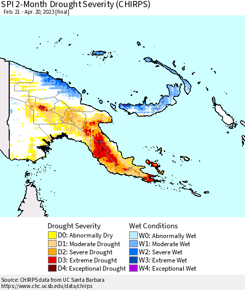 Papua New Guinea SPI 2-Month Drought Severity (CHIRPS) Thematic Map For 2/21/2023 - 4/20/2023