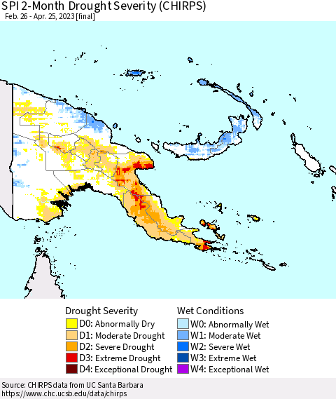 Papua New Guinea SPI 2-Month Drought Severity (CHIRPS) Thematic Map For 2/26/2023 - 4/25/2023