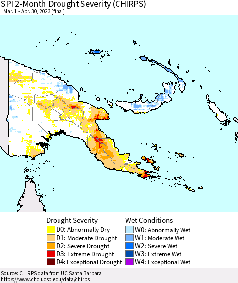 Papua New Guinea SPI 2-Month Drought Severity (CHIRPS) Thematic Map For 3/1/2023 - 4/30/2023