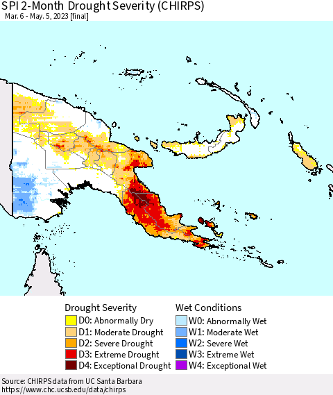 Papua New Guinea SPI 2-Month Drought Severity (CHIRPS) Thematic Map For 3/6/2023 - 5/5/2023