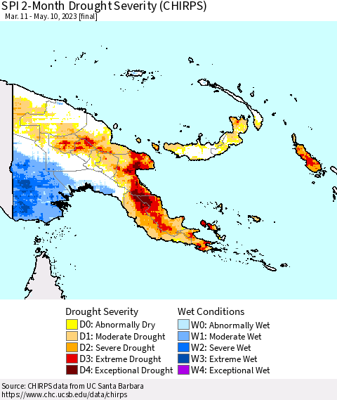 Papua New Guinea SPI 2-Month Drought Severity (CHIRPS) Thematic Map For 3/11/2023 - 5/10/2023