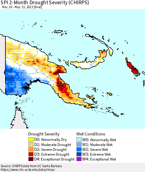 Papua New Guinea SPI 2-Month Drought Severity (CHIRPS) Thematic Map For 3/16/2023 - 5/15/2023
