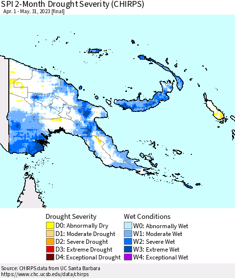 Papua New Guinea SPI 2-Month Drought Severity (CHIRPS) Thematic Map For 4/1/2023 - 5/31/2023