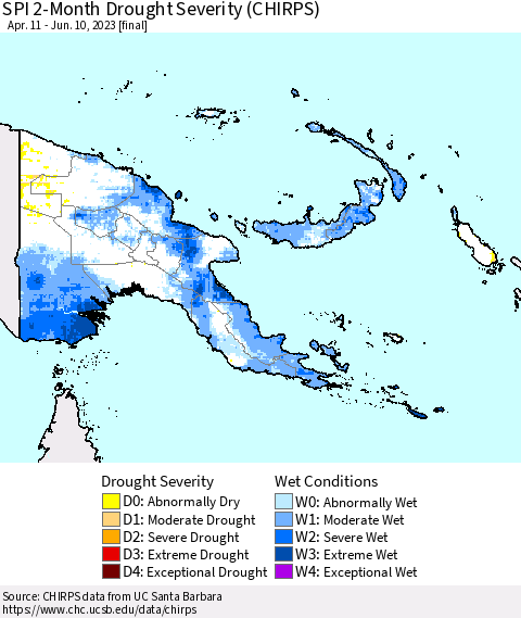 Papua New Guinea SPI 2-Month Drought Severity (CHIRPS) Thematic Map For 4/11/2023 - 6/10/2023