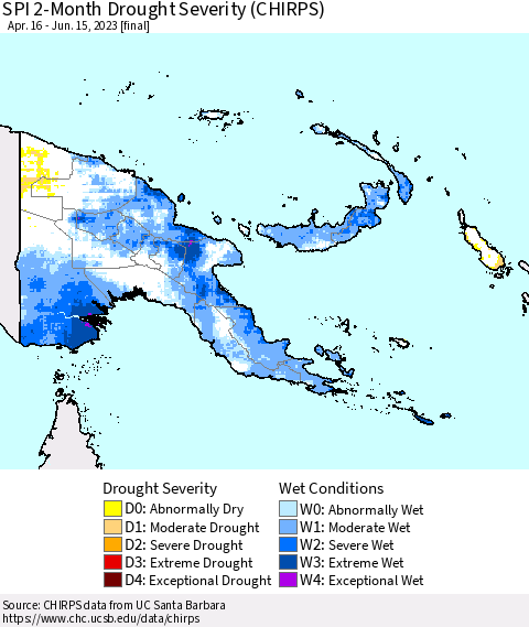 Papua New Guinea SPI 2-Month Drought Severity (CHIRPS) Thematic Map For 4/16/2023 - 6/15/2023