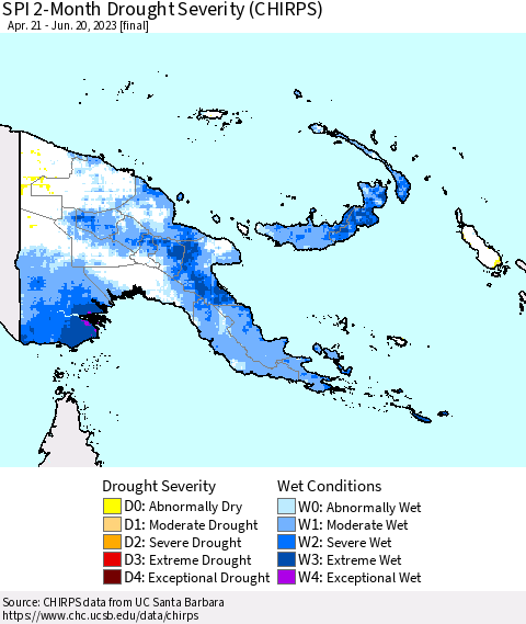 Papua New Guinea SPI 2-Month Drought Severity (CHIRPS) Thematic Map For 4/21/2023 - 6/20/2023