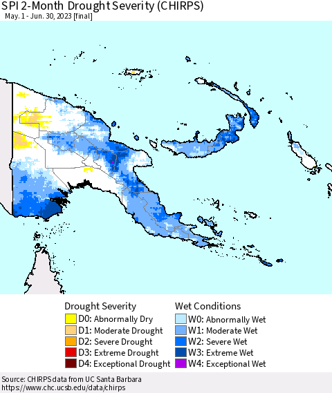 Papua New Guinea SPI 2-Month Drought Severity (CHIRPS) Thematic Map For 5/1/2023 - 6/30/2023