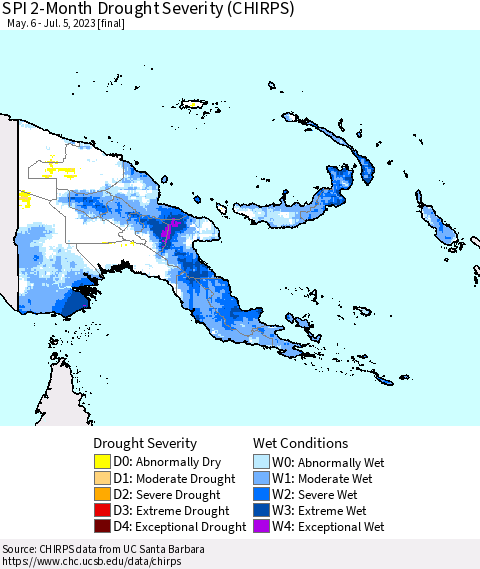 Papua New Guinea SPI 2-Month Drought Severity (CHIRPS) Thematic Map For 5/6/2023 - 7/5/2023