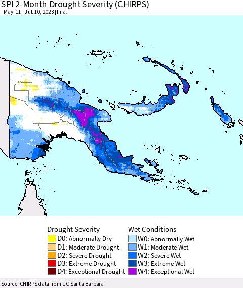 Papua New Guinea SPI 2-Month Drought Severity (CHIRPS) Thematic Map For 5/11/2023 - 7/10/2023