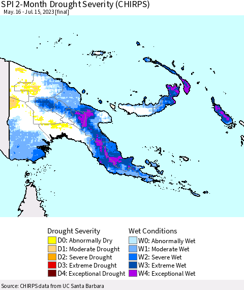 Papua New Guinea SPI 2-Month Drought Severity (CHIRPS) Thematic Map For 5/16/2023 - 7/15/2023
