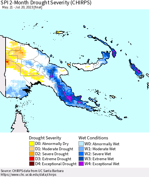 Papua New Guinea SPI 2-Month Drought Severity (CHIRPS) Thematic Map For 5/21/2023 - 7/20/2023