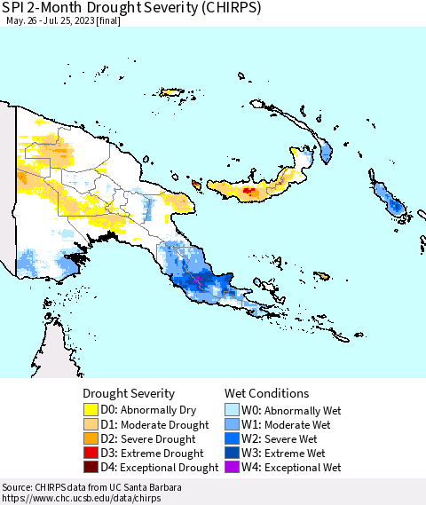 Papua New Guinea SPI 2-Month Drought Severity (CHIRPS) Thematic Map For 5/26/2023 - 7/25/2023