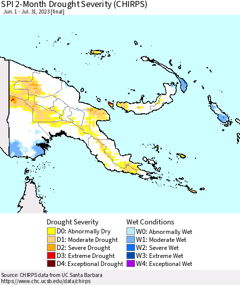 Papua New Guinea SPI 2-Month Drought Severity (CHIRPS) Thematic Map For 6/1/2023 - 7/31/2023
