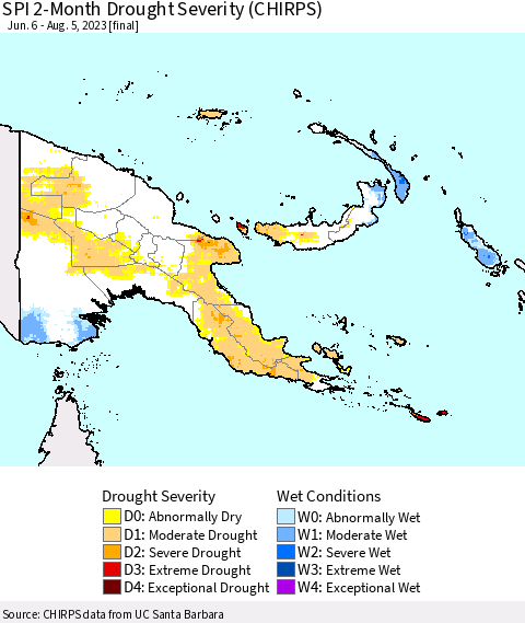 Papua New Guinea SPI 2-Month Drought Severity (CHIRPS) Thematic Map For 6/6/2023 - 8/5/2023