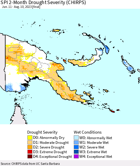 Papua New Guinea SPI 2-Month Drought Severity (CHIRPS) Thematic Map For 6/11/2023 - 8/10/2023