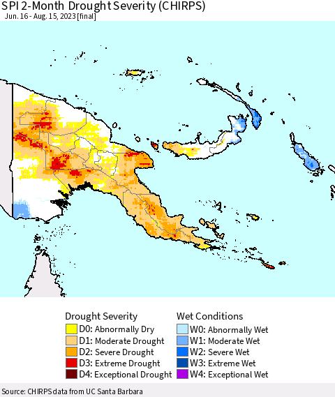 Papua New Guinea SPI 2-Month Drought Severity (CHIRPS) Thematic Map For 6/16/2023 - 8/15/2023