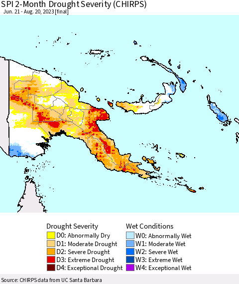 Papua New Guinea SPI 2-Month Drought Severity (CHIRPS) Thematic Map For 6/21/2023 - 8/20/2023