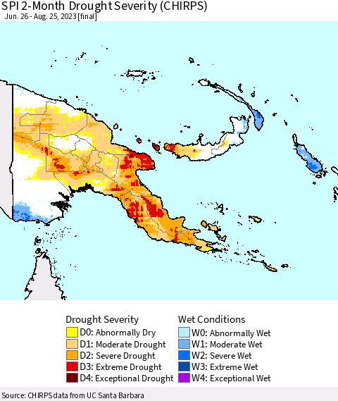 Papua New Guinea SPI 2-Month Drought Severity (CHIRPS) Thematic Map For 6/26/2023 - 8/25/2023