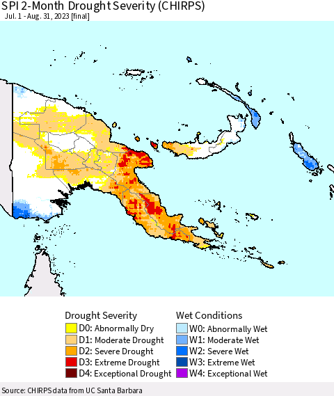 Papua New Guinea SPI 2-Month Drought Severity (CHIRPS) Thematic Map For 7/1/2023 - 8/31/2023